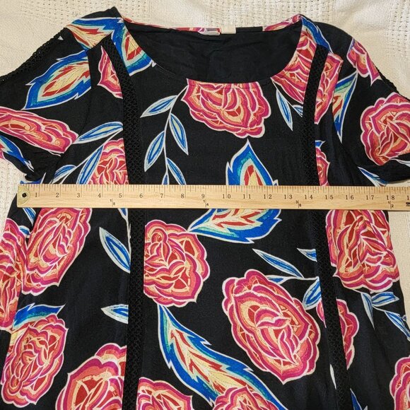 Roxy Bell Sleeve Floral Print Shift Dress-M Boho Sheer Net Lace Inset - Picture 11 of 12